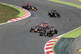 World © Octane Photographic Ltd. Lotus F1 Team E23 Hybrid – Pastor Maldonado and Infiniti Red Bull Racing RB11 – Daniel Ricciardo. Sunday 10th May 2015, F1 Spanish GP Formula 1 Race, Circuit de Barcelona-Catalunya, Spain. Digital Ref: 1265LB1D0430