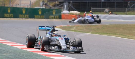 World © Octane Photographic Ltd. Mercedes AMG Petronas F1 W06 Hybrid – Lewis Hamilton and Williams Martini Racing FW37 – Valtteri Bottas. . Sunday 10th May 2015, F1 Spanish GP Formula 1 Race, Circuit de Barcelona-Catalunya, Spain. Digital Ref: 1265LB1D0621