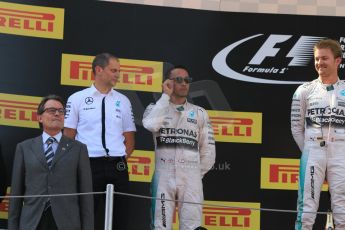 World © Octane Photographic Ltd. Mercedes AMG Petronas F1 W06 Hybrid – Nico Rosberg (1st) and Lewis Hamilton (2nd). Sunday 10th May 2015, F1 Spanish GP Formula 1 Race podium, Circuit de Barcelona-Catalunya, Spain. Digital Ref: