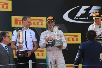 World © Octane Photographic Ltd. Mercedes AMG Petronas F1 W06 Hybrid – Nico Rosberg (1st) and Lewis Hamilton (2nd). Sunday 10th May 2015, F1 Spanish GP Formula 1 Race podium, Circuit de Barcelona-Catalunya, Spain. Digital Ref: