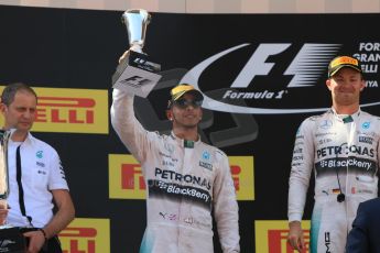 World © Octane Photographic Ltd. Mercedes AMG Petronas F1 W06 Hybrid – Nico Rosberg (1st) and Lewis Hamilton (2nd). Sunday 10th May 2015, F1 Spanish GP Formula 1 Race podium, Circuit de Barcelona-Catalunya, Spain. Digital Ref: