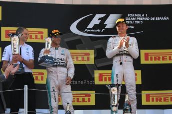 World © Octane Photographic Ltd. Mercedes AMG Petronas F1 W06 Hybrid – Nico Rosberg (1st) and Lewis Hamilton (2nd). Sunday 10th May 2015, F1 Spanish GP Formula 1 Race podium, Circuit de Barcelona-Catalunya, Spain. Digital Ref: