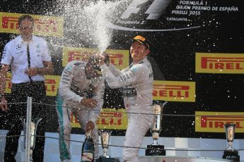 World © Octane Photographic Ltd. Mercedes AMG Petronas F1 W06 Hybrid – Nico Rosberg (1st) and Lewis Hamilton (2nd). Sunday 10th May 2015, F1 Spanish GP Formula 1 Race podium, Circuit de Barcelona-Catalunya, Spain. Digital Ref: