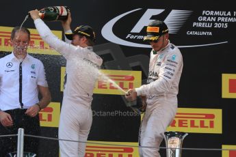 World © Octane Photographic Ltd. Mercedes AMG Petronas F1 W06 Hybrid – Nico Rosberg (1st) and Lewis Hamilton (2nd). Sunday 10th May 2015, F1 Spanish GP Formula 1 Race podium, Circuit de Barcelona-Catalunya, Spain. Digital Ref: