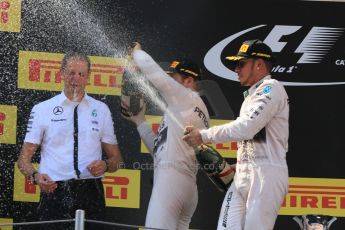 World © Octane Photographic Ltd. Mercedes AMG Petronas F1 W06 Hybrid – Nico Rosberg (1st) and Lewis Hamilton (2nd). Sunday 10th May 2015, F1 Spanish GP Formula 1 Race podium, Circuit de Barcelona-Catalunya, Spain. Digital Ref: