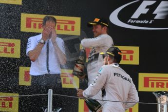 World © Octane Photographic Ltd. Mercedes AMG Petronas F1 W06 Hybrid – Nico Rosberg (1st) and Lewis Hamilton (2nd). Sunday 10th May 2015, F1 Spanish GP Formula 1 Race podium, Circuit de Barcelona-Catalunya, Spain. Digital Ref: