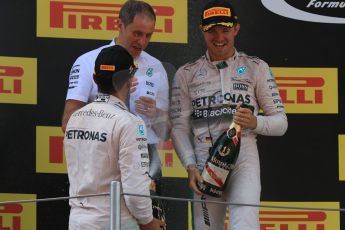 World © Octane Photographic Ltd. Mercedes AMG Petronas F1 W06 Hybrid – Nico Rosberg (1st) and Lewis Hamilton (2nd). Sunday 10th May 2015, F1 Spanish GP Formula 1 Race podium, Circuit de Barcelona-Catalunya, Spain. Digital Ref: