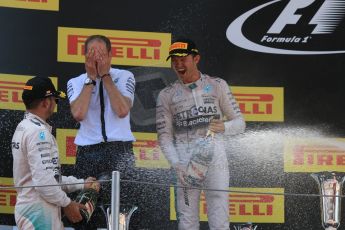 World © Octane Photographic Ltd. Mercedes AMG Petronas F1 W06 Hybrid – Nico Rosberg (1st) and Lewis Hamilton (2nd). Sunday 10th May 2015, F1 Spanish GP Formula 1 Race podium, Circuit de Barcelona-Catalunya, Spain. Digital Ref: