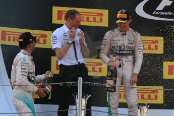 World © Octane Photographic Ltd. Mercedes AMG Petronas F1 W06 Hybrid – Nico Rosberg (1st) and Lewis Hamilton (2nd). Sunday 10th May 2015, F1 Spanish GP Formula 1 Race podium, Circuit de Barcelona-Catalunya, Spain. Digital Ref: