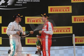 World © Octane Photographic Ltd. Mercedes AMG Petronas F1 W06 Hybrid – Lewis Hamilton (2nd) and Scuderia Ferrari SF15-T– Sebastian Vettel (3rd). Sunday 10th May 2015, F1 Spanish GP Formula 1 Race podium, Circuit de Barcelona-Catalunya, Spain. Digital Ref: