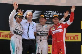 World © Octane Photographic Ltd. Mercedes AMG Petronas F1 W06 Hybrid – Nico Rosberg (1st) and Lewis Hamilton (2nd) and Scuderia Ferrari SF15-T– Sebastian Vettel (3rd). Sunday 10th May 2015, F1 Spanish GP Formula 1 Race podium, Circuit de Barcelona-Catalunya, Spain. Digital Ref: