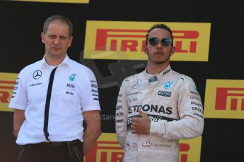 World © Octane Photographic Ltd. Mercedes AMG Petronas F1 W06 Hybrid – Lewis Hamilton (2nd). Sunday 10th May 2015, F1 Spanish GP Formula 1 Race podium, Circuit de Barcelona-Catalunya, Spain. Digital Ref: