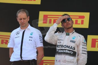 World © Octane Photographic Ltd. Mercedes AMG Petronas F1 W06 Hybrid – Lewis Hamilton (2nd). Sunday 10th May 2015, F1 Spanish GP Formula 1 Race podium, Circuit de Barcelona-Catalunya, Spain. Digital Ref: