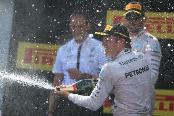 World © Octane Photographic Ltd. Mercedes AMG Petronas F1 W06 Hybrid – Nico Rosberg (1st) and Lewis Hamilton (2nd). Sunday 10th May 2015, F1 Spanish GP Formula 1 Race podium, Circuit de Barcelona-Catalunya, Spain. Digital Ref: