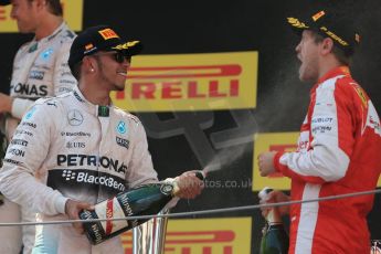 World © Octane Photographic Ltd. Mercedes AMG Petronas F1 W06 Hybrid – Lewis Hamilton (2nd) and Scuderia Ferrari SF15-T– Sebastian Vettel (3rd). Sunday 10th May 2015, F1 Spanish GP Formula 1 Race podium, Circuit de Barcelona-Catalunya, Spain. Digital Ref: