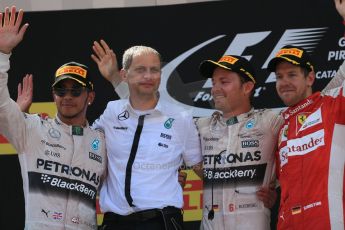 World © Octane Photographic Ltd. Mercedes AMG Petronas F1 W06 Hybrid – Nico Rosberg (1st) and Lewis Hamilton (2nd) and Scuderia Ferrari SF15-T– Sebastian Vettel (3rd). Sunday 10th May 2015, F1 Spanish GP Formula 1 Race podium, Circuit de Barcelona-Catalunya, Spain. Digital Ref: