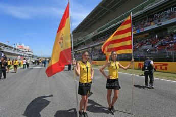World © Octane Photographic Ltd. Grid girls with Spanish and Catalan Flags. Sunday 10th May 2015, F1 Spanish GP Formula 1 Grid, Circuit de Barcelona-Catalunya, Spain. Digital Ref: 1264LB1D0106