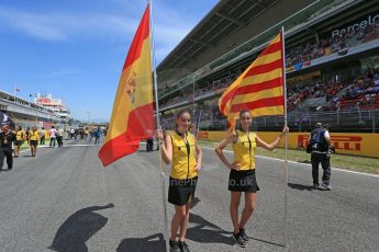 World © Octane Photographic Ltd. Grid girls with Spanish and Catalan Flags. Sunday 10th May 2015, F1 Spanish GP Formula 1 Grid, Circuit de Barcelona-Catalunya, Spain. Digital Ref: 1264LB1D0106