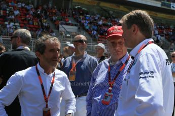 World © Octane Photographic Ltd. Alain Prost and Niki Lauda. Sunday 10th May 2015, F1 Spanish GP Formula 1 Grid, Circuit de Barcelona-Catalunya, Spain. Digital Ref: 1264LB1D0169