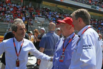World © Octane Photographic Ltd. Alain Prost and Niki Lauda. Sunday 10th May 2015, F1 Spanish GP Formula 1 Grid, Circuit de Barcelona-Catalunya, Spain. Digital Ref: 1264LB1D0173