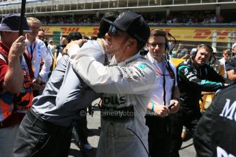 World © Octane Photographic Ltd. Mercedes AMG Petronas F1 W06 Hybrid – Lewis Hamilton and Mark Webber. Sunday 10th May 2015, F1 Spanish GP Formula 1 Grid, Circuit de Barcelona-Catalunya, Spain. Digital Ref: 1264LB1D0246