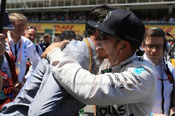 World © Octane Photographic Ltd. Mercedes AMG Petronas F1 W06 Hybrid – Lewis Hamilton and Mark Webber. Sunday 10th May 2015, F1 Spanish GP Formula 1 Grid, Circuit de Barcelona-Catalunya, Spain. Digital Ref: 1264LB1D0251