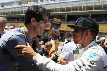 World © Octane Photographic Ltd. Mercedes AMG Petronas F1 W06 Hybrid – Lewis Hamilton and Mark Webber. Sunday 10th May 2015, F1 Spanish GP Formula 1 Grid, Circuit de Barcelona-Catalunya, Spain. Digital Ref: 1264LB1D0256