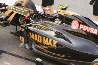 World © Octane Photographic Ltd. Lotus F1 Team E23 Hybrid with Mad Max livery – Pastor Maldonado. Friday 8th May 2015, F1 Spanish GP Formula 1 pre-practice 1 pitlane, Circuit de Barcelona-Catalunya, Spain. Digital Ref: 1248CB1L5919