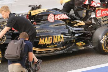 World © Octane Photographic Ltd. Lotus F1 Team E23 Hybrid with Mad Max livery – Romain Grosjean. Friday 8th May 2015, F1 Spanish GP Formula 1 pre-practice 1 pitlane, Circuit de Barcelona-Catalunya, Spain. Digital Ref: 1248CB1L5923