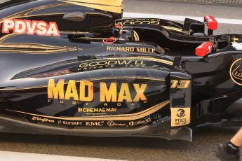 World © Octane Photographic Ltd. Lotus F1 Team E23 Hybrid with Mad Max livery – Pastor Maldonado. Friday 8th May 2015, F1 Spanish GP Formula 1 pre-practice 1 pitlane, Circuit de Barcelona-Catalunya, Spain. Digital Ref: 1248CB1L5934
