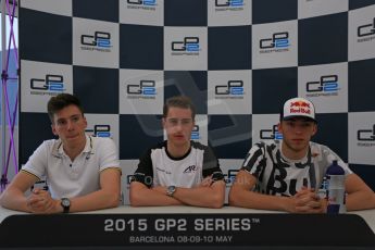 World © Octane Photographic Ltd. Friday 8th May 2015. ART Grand Prix – Stoffel Vandoorne (pole), DAMS – Alex Lynn (2nd) and Pierre Gasly (3rd). GP2 Qualifying conference – Circuit de Barcelona–Catalunya. Spain. Digital Ref. : 1252LB5D1522