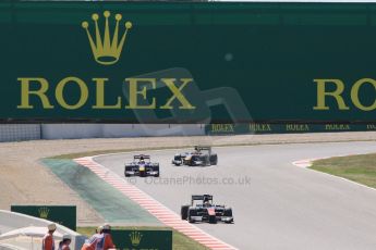 World © Octane Photographic Ltd. Saturday 9th May 2015. ART Grand Prix – Stoffel Vandoorne, Russian Time – Mitch Evans and Racing Engineering – Alexander Rossi stretch their lead. GP2 Race 1 – Circuit de Barcelona–Catalunya. Spain. Digital Ref: