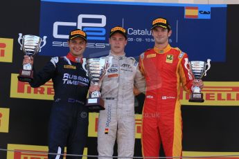 World © Octane Photographic Ltd. Saturday 9th May 2015. ART Grand Prix – Stoffel Vandoorne (1st), Russian Time – Mitch Evans (2nd) and Racing Engineering – Alexander Rossi (3rd). GP2 Race 1 – Circuit de Barcelona–Catalunya. Spain. Digital Ref: