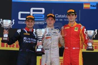 World © Octane Photographic Ltd. Saturday 9th May 2015. ART Grand Prix – Stoffel Vandoorne (1st), Russian Time – Mitch Evans (2nd) and Racing Engineering – Alexander Rossi (3rd). GP2 Race 1 – Circuit de Barcelona–Catalunya. Spain. Digital Ref: