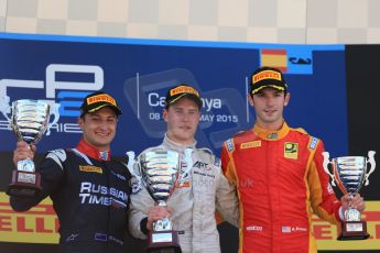 World © Octane Photographic Ltd. Saturday 9th May 2015. ART Grand Prix – Stoffel Vandoorne (1st), Russian Time – Mitch Evans (2nd) and Racing Engineering – Alexander Rossi (3rd). GP2 Race 1 – Circuit de Barcelona–Catalunya. Spain. Digital Ref: