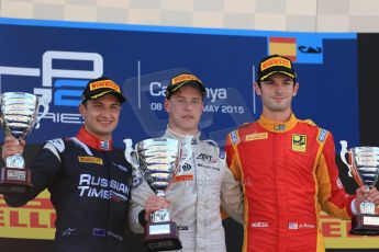 World © Octane Photographic Ltd. Saturday 9th May 2015. ART Grand Prix – Stoffel Vandoorne (1st), Russian Time – Mitch Evans (2nd) and Racing Engineering – Alexander Rossi (3rd). GP2 Race 1 – Circuit de Barcelona–Catalunya. Spain. Digital Ref: