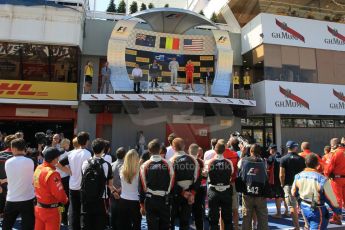 World © Octane Photographic Ltd. Saturday 9th May 2015. ART Grand Prix – Stoffel Vandoorne (1st), Russian Time – Mitch Evans (2nd) and Racing Engineering – Alexander Rossi (3rd). GP2 Race 1 – Circuit de Barcelona–Catalunya. Spain. Digital Ref: