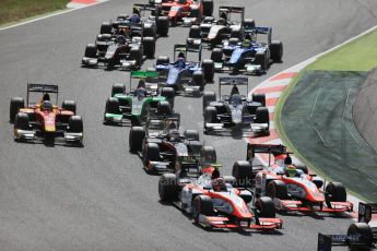 World © Octane Photographic Ltd. Sunday 10th May 2015. MP Motorsport – Daniel de Jong and Sergio Canamasas wheel to wheel in the pack. GP2 Race 2 – Circuit de Barcelona-Catalunya. Spain. Digital Ref: