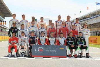 World © Octane Photographic Ltd. Thursday 7th May 2015.
Front Row : Carlin – Antonio Fuoco, Jann Mardenborough and Mitchell Gilbert, ART Grand Prix – Alfonso Celis Jr., Marvin Kirchhofer and Esteban Ocon, Status Grand Prix – Seb Morris and Alex Fontana
Middle Row : Status Grand Prix – Sandy Stuvik, Koiranen GP – Adderly Fong, Jimmy Eriksson and Matthew Parry, Arden International – Kevin Ceccon, Emil Bernstorff and Aleksander Bosak and Jenzer Motorsport – Pal Varhaug.
Back Row : Jenzer Motorsport – Matheo Tuscher and Ralph Boschung, Campos Racing – Zaid Ashkanani, Alex Palou and Samin Gomez, Trident – Artur Janosz, Luca Ghiotto and Oscar Tunjo.
The GP3 Class of 2015 – Circuit de Barcelona–Catalunya. Spain. Digital Ref. : 1247CB1L5908
