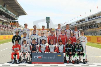 World © Octane Photographic Ltd. Thursday 7th May 2015.
Front Row : Carlin – Antonio Fuoco, Jann Mardenborough and Mitchell Gilbert, ART Grand Prix – Alfonso Celis Jr., Marvin Kirchhofer and Esteban Ocon, Status Grand Prix – Seb Morris and Alex Fontana
Middle Row : Status Grand Prix – Sandy Stuvik, Koiranen GP – Adderly Fong, Jimmy Eriksson and Matthew Parry, Arden International – Kevin Ceccon, Emil Bernstorff and Aleksander Bosak and Jenzer Motorsport – Pal Varhaug.
Back Row : Jenzer Motorsport – Matheo Tuscher and Ralph Boschung, Campos Racing – Zaid Ashkanani, Alex Palou and Samin Gomez, Trident – Artur Janosz, Luca Ghiotto and Oscar Tunjo.
The GP3 Class of 2015 – Circuit de Barcelona–Catalunya. Spain. Digital Ref. : 1247CB1L5913