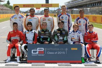 World © Octane Photographic Ltd. Thursday 7th May 2015.
Front Row : Carlin – Antonio Fuoco, ART Grand Prix – Esteban Ocon, Status Grand Prix – Seb Morris and Sandy Stuvik, Koiranen GP – Matthew Parry and Arden International – Aleksander Bosak.
Back Row : Jenzer Motorsport – Ralph Boschung, Campos Racing – Zaid Ashkanani and Alex Palou, Trident – Artur Janosz and Oscar Tunjo.
The GP3 Rookies of 2015 – Circuit de Barcelona–Catalunya. Spain. Digital Ref. : 1247CB7D1785