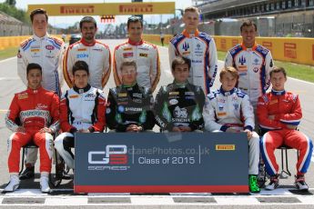 World © Octane Photographic Ltd. Thursday 7th May 2015.
Front Row : Carlin – Antonio Fuoco, ART Grand Prix – Esteban Ocon, Status Grand Prix – Seb Morris and Sandy Stuvik, Koiranen GP – Matthew Parry and Arden International – Aleksander Bosak.
Back Row : Jenzer Motorsport – Ralph Boschung, Campos Racing – Zaid Ashkanani and Alex Palou, Trident – Artur Janosz and Oscar Tunjo.
The GP3 Rookies of 2015 – Circuit de Barcelona–Catalunya. Spain. Digital Ref. : 1247CB7D1797