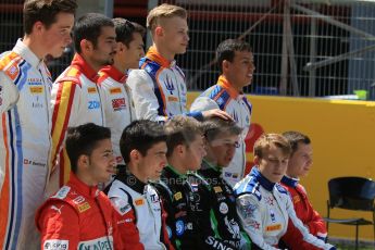World © Octane Photographic Ltd. Thursday 7th May 2015.
Front Row : Carlin – Antonio Fuoco, ART Grand Prix – Esteban Ocon, Status Grand Prix – Seb Morris and Sandy Stuvik, Koiranen GP – Matthew Parry and Arden International – Aleksander Bosak.
Back Row : Jenzer Motorsport – Ralph Boschung, Campos Racing – Zaid Ashkanani and Alex Palou, Trident – Artur Janosz and Oscar Tunjo.
The GP3 Rookies of 2015 – Circuit de Barcelona–Catalunya. Spain. Digital Ref. : 1247CB7D1802