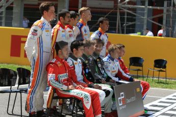 World © Octane Photographic Ltd. Thursday 7th May 2015.
Front Row : Carlin – Antonio Fuoco, ART Grand Prix – Esteban Ocon, Status Grand Prix – Seb Morris and Sandy Stuvik, Koiranen GP – Matthew Parry and Arden International – Aleksander Bosak.
Back Row : Jenzer Motorsport – Ralph Boschung, Campos Racing – Zaid Ashkanani and Alex Palou, Trident – Artur Janosz and Oscar Tunjo.
The GP3 Rookies of 2015 – Circuit de Barcelona–Catalunya. Spain. Digital Ref. : 1247CB7D1808