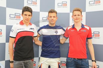 World © Octane Photographic Ltd. Saturday 9th May 2015. Trident – Luca Ghiotto (Pole, ART Grand Prix – Esteban Ocon (2nd) and Arden International – Emil Bernstorff (3rd). GP3 Qualifying Press Conference – Circuit de Barcelona–Catalunya. Spain. Digital Ref: 1255CB5D1562