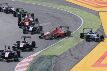 World © Octane Photographic Ltd. Sunday 10th May 2015. Drama as Jimmy Eriksson is forced wide of the out of shape Kevin Ceccon . GP3 Race 2 – Circuit de Barcelona–Catalunya. Spain. Digital Ref: 1262LB1D9235