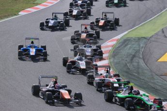 World © Octane Photographic Ltd. Sunday 10th May 2015. The midfield pack goes through turn 1. GP3 Race 2 – Circuit de Barcelona–Catalunya. Spain. Digital Ref: 1262LB1D9261