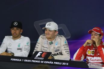 World © Octane Photographic Ltd. Mercedes AMG Petronas F1 W06 Hybrid – Nico Rosberg (1st), Lewis Hamilton (2nd) and Scuderia Ferrari SF15-T– Sebastian Vettel (3rd). Sunday 10th May 2015, F1 Spanish GP Formula 1 Post-Race press conference, Circuit de Barcelona-Catalunya, Spain. Digital Ref: 1267CB7D0914