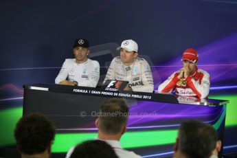 World © Octane Photographic Ltd. Mercedes AMG Petronas F1 W06 Hybrid – Nico Rosberg (1st), Lewis Hamilton (2nd) and Scuderia Ferrari SF15-T– Sebastian Vettel (3rd). Sunday 10th May 2015, F1 Spanish GP Formula 1 Post-Race press conference, Circuit de Barcelona-Catalunya, Spain. Digital Ref: 1267CB7D0919