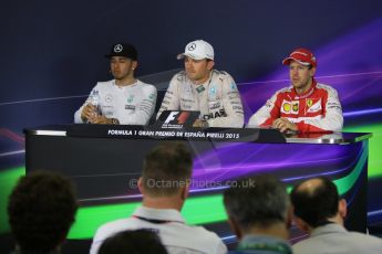 World © Octane Photographic Ltd. Mercedes AMG Petronas F1 W06 Hybrid – Nico Rosberg (1st), Lewis Hamilton (2nd) and Scuderia Ferrari SF15-T– Sebastian Vettel (3rd). Sunday 10th May 2015, F1 Spanish GP Formula 1 Post-Race press conference, Circuit de Barcelona-Catalunya, Spain. Digital Ref: 1267CB7D0929